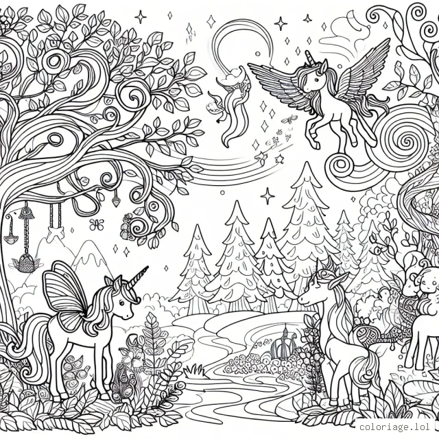 Un voyage fantastique à travers la forêt enchantée avec des licornes, des elfes et des créatures magiques.