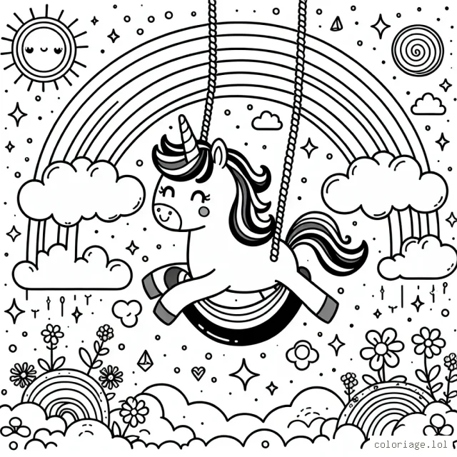 Dans un monde féérique plein de douceurs et de magies, dessine une petite licorne se balançant au-dessus des nuages, autour d'un arc-en-ciel lumineux.