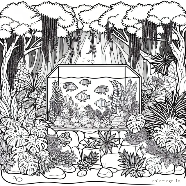 Un aquarium abondant de vie sous-marine au milieu d'une jungle dense et mystérieuse.