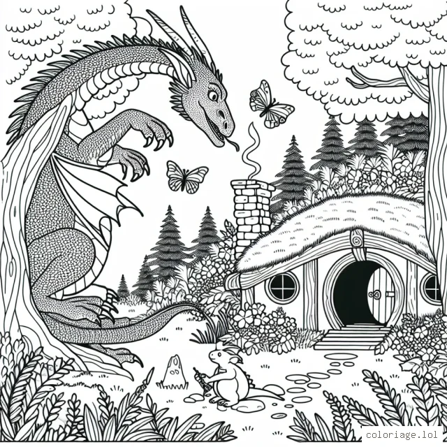Une maison de Hobbit perdue dans la forêt enchantée avec un dragon qui joue avec des papillons