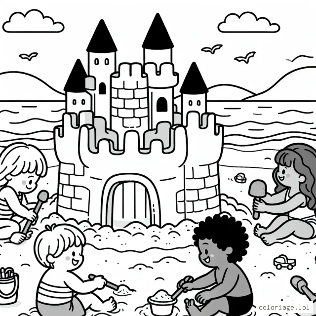 Un château de sable gigantesque sur la plage avec des enfants qui jouent autour