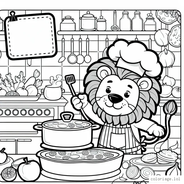 Un lion dessiné comme un chef cuisinier préparant un délicieux repas dans une cuisine animée
