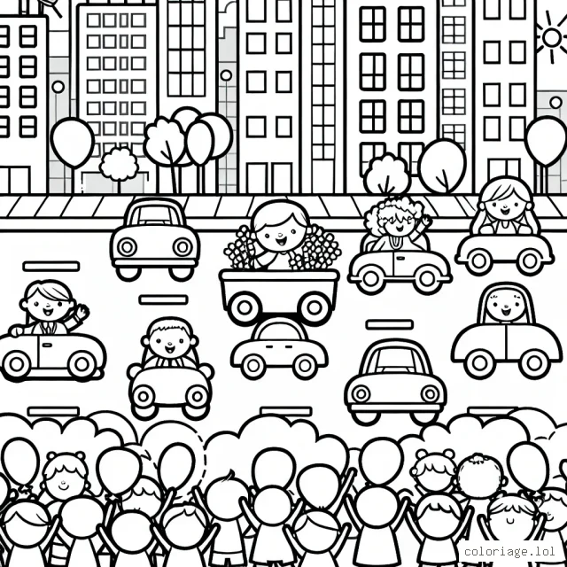 Dessine une parade de voitures colorées défilant en ville avec des enfants les admirant