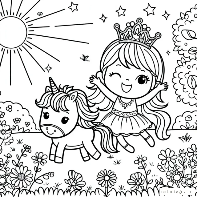 Une petite princesse avec sa couronne étincelante joue avec son poney dans un jardin fleuri sous le soleil radieux.