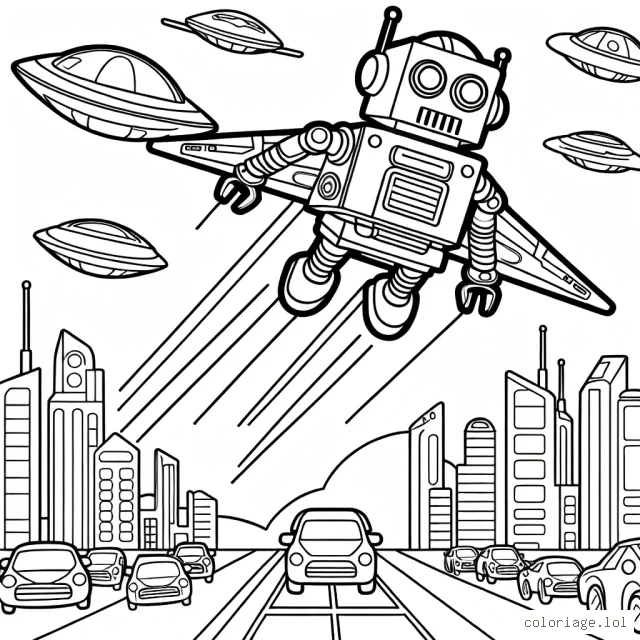 Un robot super cool volant au-dessus d'une ville futuriste avec des voitures volantes