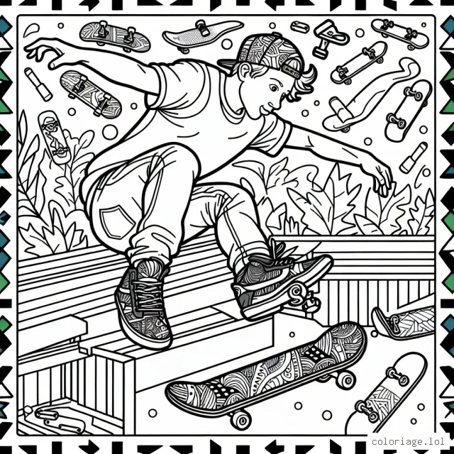 Un parcours de skateboarder professionnel se défoulant dans un terrain de skate avec des cascades incroyables et divers équipements sportifs.