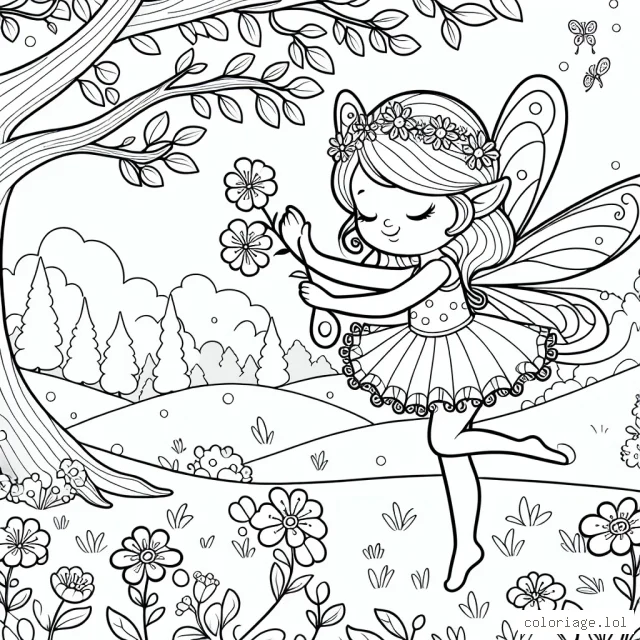 Une petite fée danse avec des fleurs dans une clairière enchantée par une belle journée de printemps.