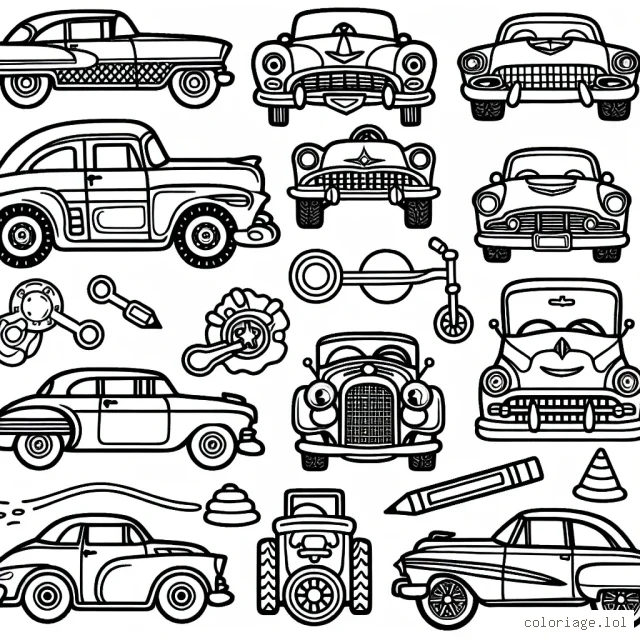 Un assortiment éclectique des modèles les plus emblématiques de différentes marques de voitures pour les enfants à peindre et à colorier