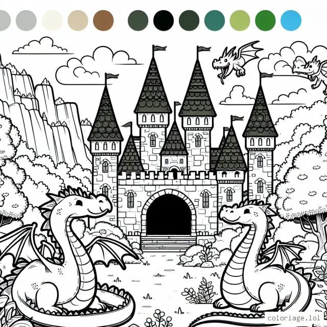 Un château médiéval entouré de dragons amicaux dans la forêt enchantée