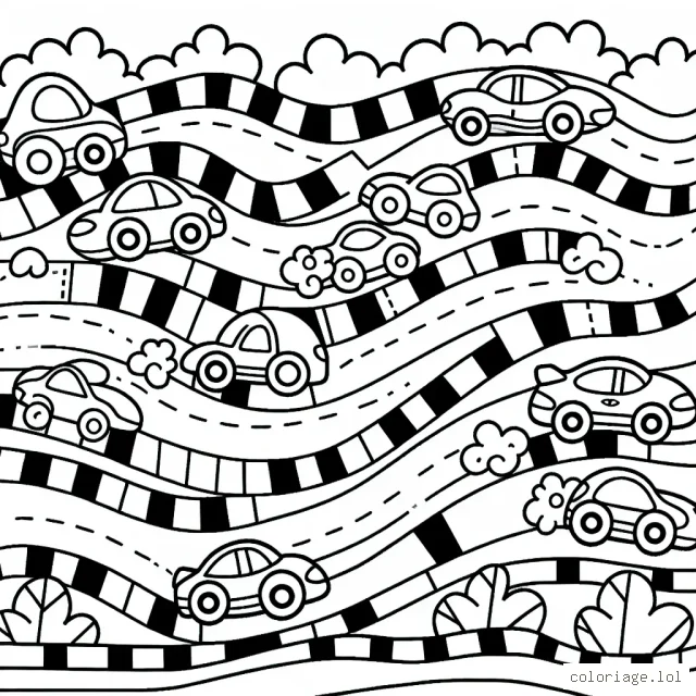 Un joyeux parcours de voitures de course zigzaguant sur une piste animée