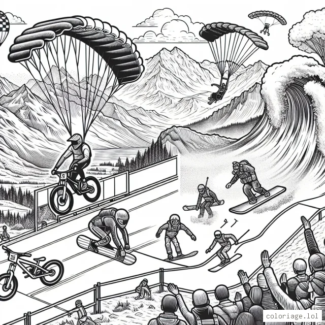 Imagine un monde où les sports extrêmes sont mélangés. Trace une ligne de départ sur une piste spéciale, sur la gauche la course commence par une session de VTT exaltante. Au milieu, trace des surfeurs qui surfent sur une vague géante. Sur la droite, dessine des parachutistes sortant d'un hélicoptère. Ensuite, au fond, dessine des snowboarders qui descendent une piste enneigée abrupte. Complète le tout par du public enthousiaste autour de la piste.