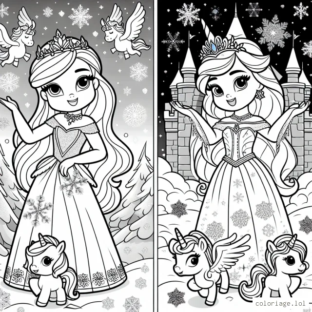 Anna et Eliza – Les sœurs royaumes de la Magie des Glaces dans le château enchanté entouré de flocons de neige scintillants et des licornes ailées.