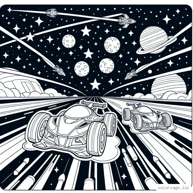 Une course palpitante entre des voitures de course futuristes sur une piste de circuit intergalactique, avec une multitude d'étoiles et de planètes à l'arrière-plan.