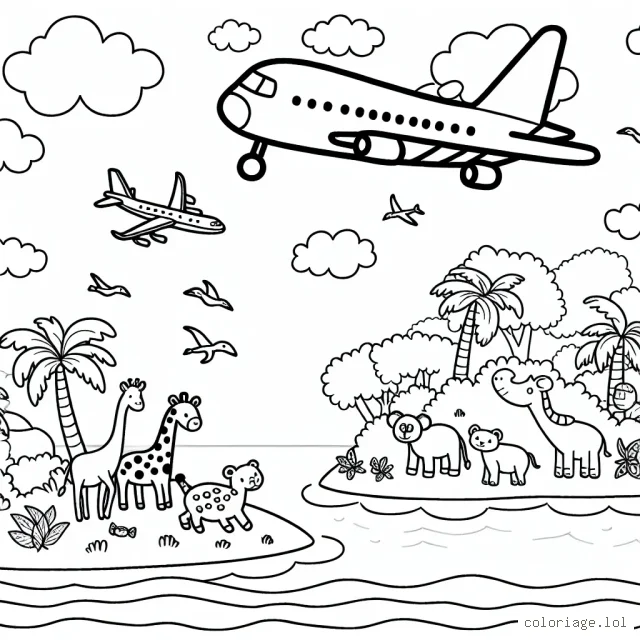 Colorier un avion de ligne survolant une île tropicale avec des animaux étonnants