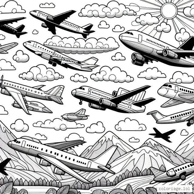 Sur cette page, tu as plusieurs avions en vol. Certains sont des avions de ligne, d'autres sont des jets privés, et même quelques vieux avions à hélice ! Il y a aussi différents paysages en arrière-plan comme les nuages, le soleil, les montagnes et les forêts pour que tu puisses explorer une gamme variée de couleurs.