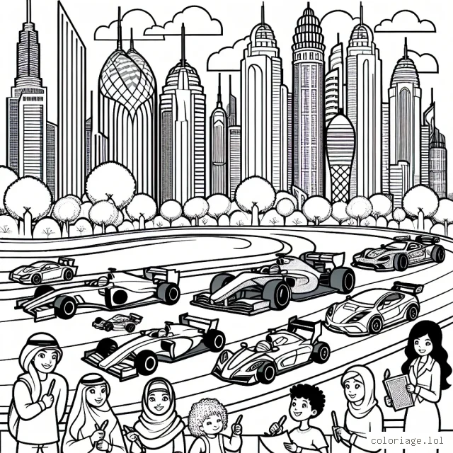Dessine une course de voitures sur une piste animée, avec une variété de voitures colorées. N'oublie pas les pittoresques paysages urbains en toile de fond, comprenant des gratte-ciel, des arbres et des gens qui s'amusent en regardant la course.