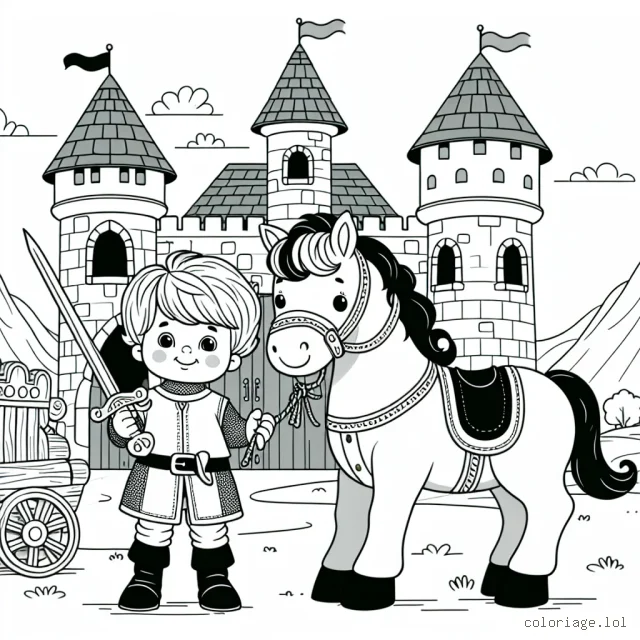 Un petit garçon jouant au chevalier avec son fidèle destrier dans un décor de château médiéval