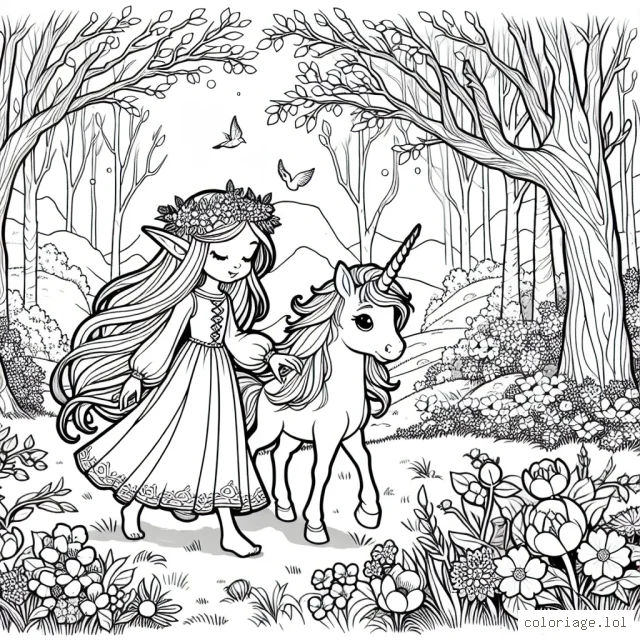La princesse elfe emmène son amie la petite licorne à travers la forêt enchantée pour célébrer l'arrivée du printemps.