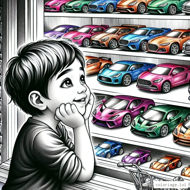 Un petit garçon rêve devant une vitrine d'un magasin de jouets qui expose d'incroyables voitures miniatures aux couleurs vives. Dessine cette scène enchantée où les voitures semblent presque prendre vie avec le regard étincelant du petit garçon. Imagine les détails des voitures : les formes élégantes des voitures de sport, la robustesse des camions, l'éclat des voitures de course. N'oublie pas de colorier le visage du petit garçon illuminé par l'excitation et l'émerveillement.