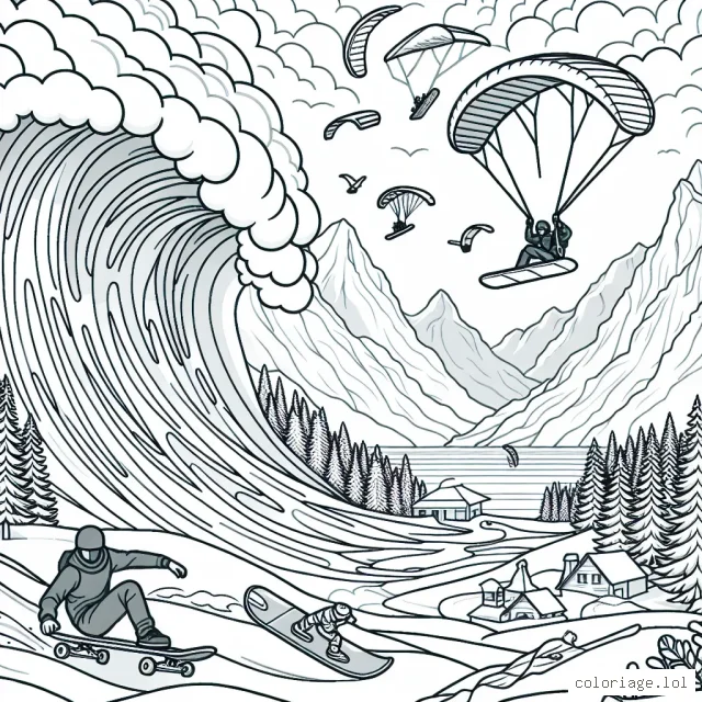 Dans cette scène, un skateur s'élance sur une rampe gigantesque, un surfer défie une vague monumentale et un snowboarder dévale une pente enneigée à toute vitesse. Dans le ciel, des parapentistes virevoltent, tandis qu'à l'horizon, un grimpeur est suspendu à une falaise.