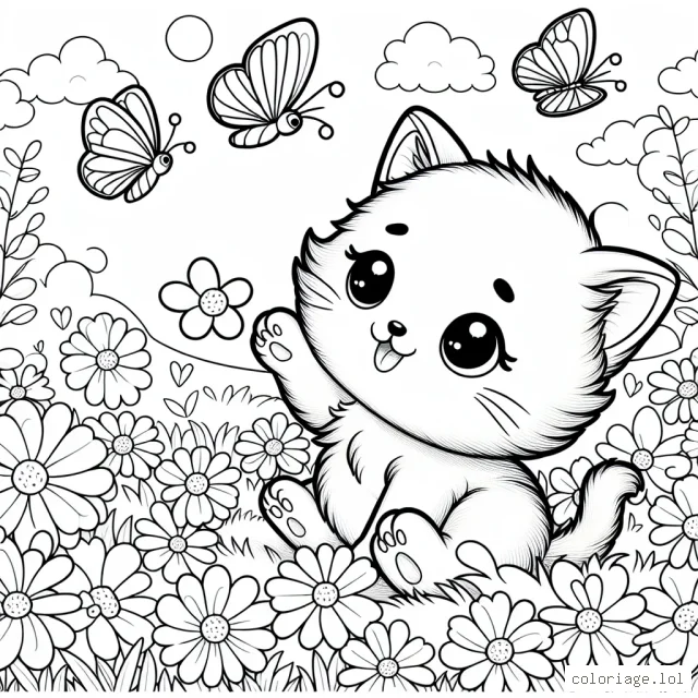 Un adorable chaton joue avec des papillons dans un champ de fleurs colorées