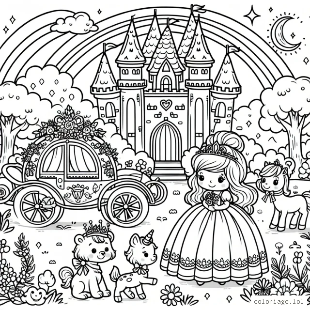 Cette scène dépeint une petite princesse au grand cœur près d'un château enchanté, accompagnée de ses fidèles amis animaux. La princesse porte une robe de bal magnifique et une tiare brillante. Le paysage environnant comprend des éléments naturels tels que des arbres, des fleurs ainsi qu'un arc-en-ciel. N'oubliez pas de colorier le carrosse de la princesse qui est prêt pour le bal royal!