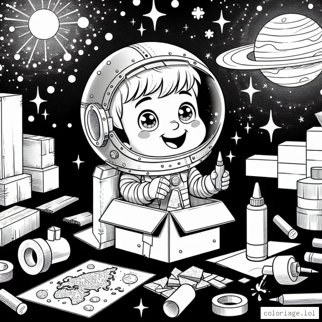 Un petit garçon voulant devenir astronaute est en train de construire sa fusée en carton. Il est à genoux sur le sol, entouré de bouts de carton, de tube de colle et de rouleaux de ruban adhésif. Il porte un casque en papier aluminium et un grand sourire rayonnant sur le visage. Derrière lui, on peut voir une affiche avec le système solaire et les planètes à colorier. Les étoiles brillantes dans le ciel inhérent à l'espace.