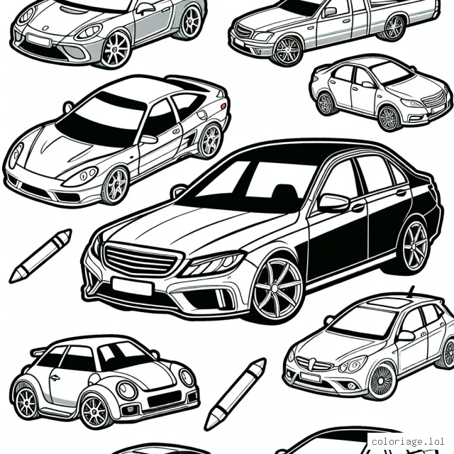 Colorie chaque voiture par sa marque spécifique.