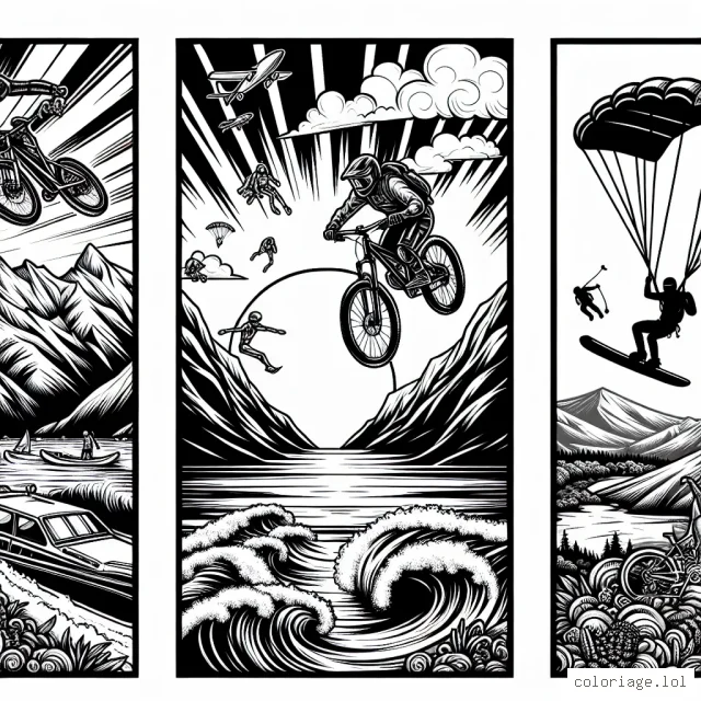 Imaginez une scène audacieuse et aventureuse, représentant une variété de sports extrêmes. Ce panorama audacieux inclut le VTT, le parachutisme, le surf, le snowboard, et l'escalade. Ajoutez des détails comme un coucher de soleil en arrière-plan, des montagnes, des vagues et une chute d'eau. Chacun de ces sports extrêmes devra être intégré dans l'illustration de manière à raconter une histoire fantastique et excitante