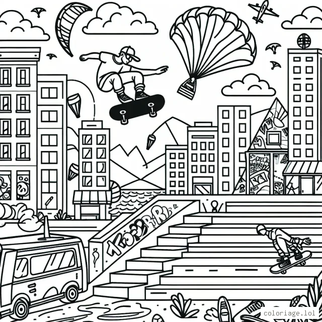 Imagine une scène haute en couleur ! Au premier plan, un skateur exécute un saut impressionnant au-dessus d'un escalier. En arrière-plan, des bâtiments avec des graffitis, un skydiver qui plonge du ciel et un kite-surfer sur les vagues de l'océan.