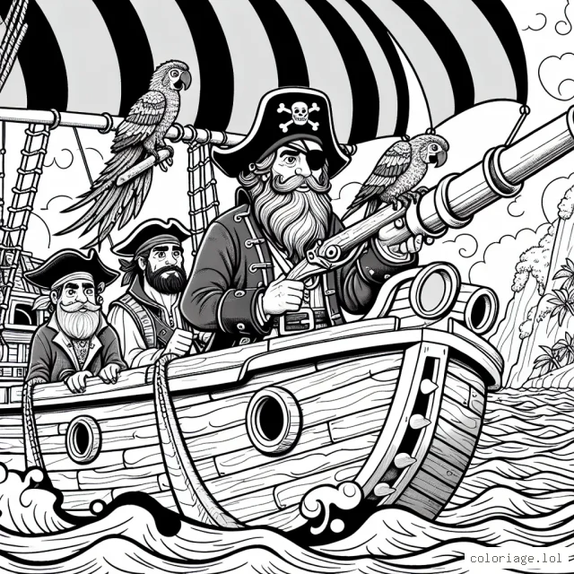 Dans cette scène passionnante, un groupe de courageux pirates navigue dans les eaux troubles à la recherche du trésor perdu de l'île aux Serpents. Le capitaine, un pirate valeureux avec une barbe grise, tient fermement le gouvernail de leur grand navire rouge et noir. Ses compagnons, un pirate à la jambe de bois et un autre avec un bandeau sur l'œil, surveillent le paysage avec leurs longues-vues. Voyez-vous le perroquet multicolore du capitaine sur son épaule ? Continuez l'histoire en apportant de la couleur à cette aventure!