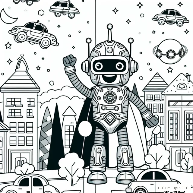 Imagine un dessin d'un robot super-héros amical qui défend une ville futuriste contenant des maisons volantes et des voitures flottantes. Le robot a une armure brillante avec des ampoules multicolores qui clignotent. Dessine aussi des habitants de la ville qui se réjouissent.