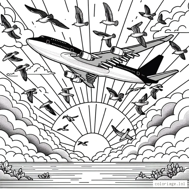 Un avion de ligne survolant les nuages avec des oiseaux migrateurs, devant un soleil couchant