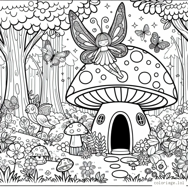Une petite fée avec des ailes scintillantes émerge de sa maison en forme de champignon au milieu d'une forêt enchantée pleine de fleurs colorées, d'oiseaux chantants et de petits insectes curieux.