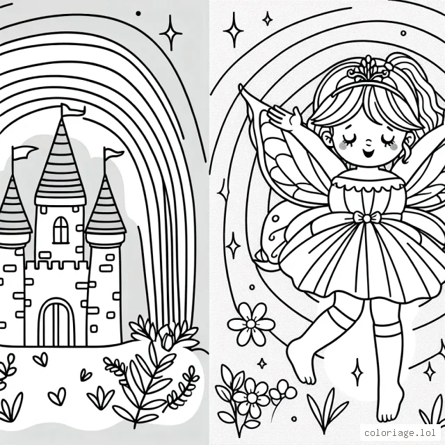 Une petite fée étend ses ailes devant un château enchanté, avec un arc-en-ciel au-dessus du château