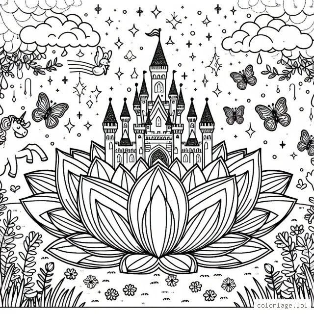 Un majestueux château en forme de fleur, entouré d'un jardin brillant, sous un ciel rempli de papillons lumineux et de licornes volantes.