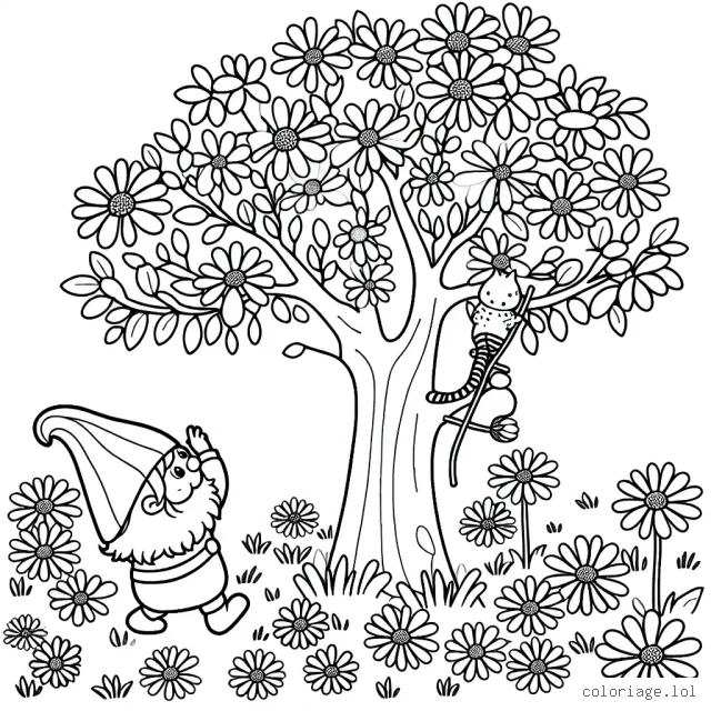 Un petit gnome dans un champ de camomilles, vêtu d'un bonnet bleu, avec un chat tigré qui grimpe sur un grand cerisier.
