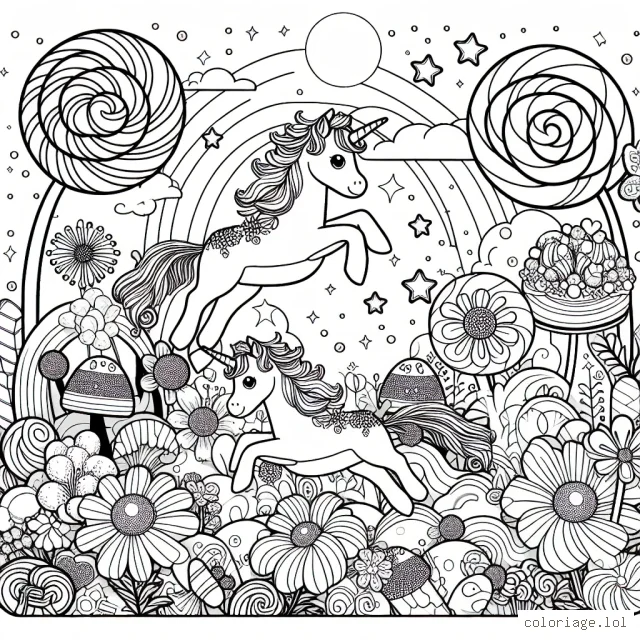 Imagine une scène fantastique où des licornes jouent dans un jardin enchanté, peuplé de fleurs géantes et d'arbres en bonbons.