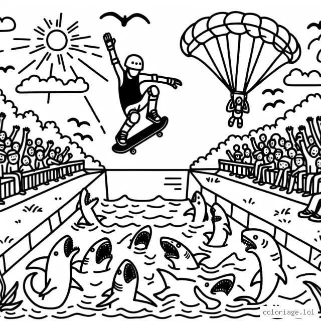 Imagine une scène spectaculaire d'un skateur effectuant un saut sensationnel au-dessus d'un canal rempli de requins, tandis qu'un parapentiste virevolte dans le ciel bleu ci-dessus. Pense à ajouter des détails comme le public qui regarde en admiration, le soleil radieux, des oiseaux volant dans le ciel, et même quelques nuages pour un effet de profondeur. N'oublie pas de dessiner l'équipement de sécurité du skateur et du parapentiste, comme les casques et les pads.