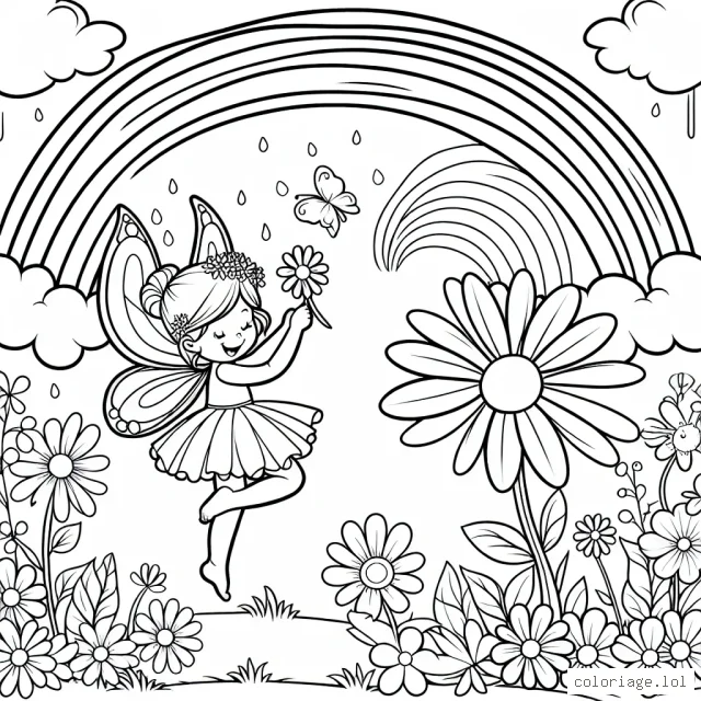 Une fée qui danse dans un jardin fleuri sous un arc-en-ciel éclatant