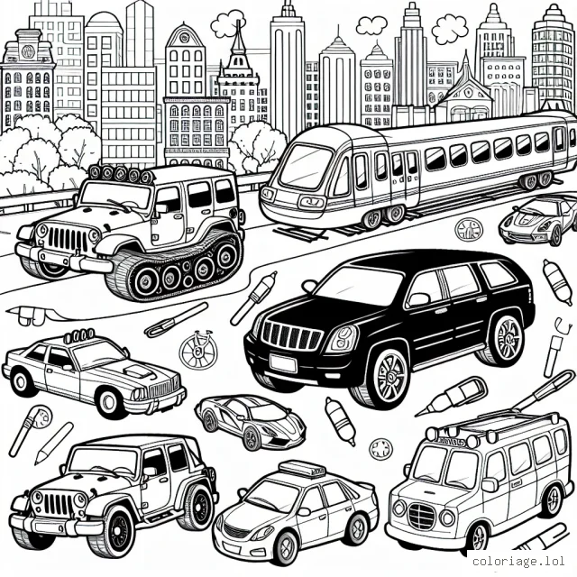 Imagine une scène animée et amusante où plusieurs sortes de voitures sont en course dans une ville animée. Il y a une voiture de sport rouge vif, une jeep verte robuste, une limousine noire élégante, une camionnette bleue et une piétonne jaune riche en détails à colorier. N'oublie pas de colorier les arbres, les bâtiments, les rues et le ciel en arrière-plan!