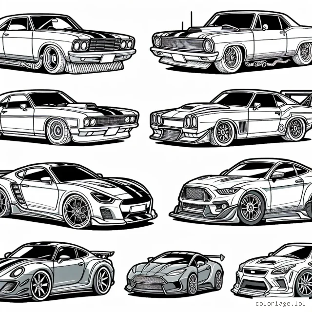 Un livre de coloriage mettant en vedette différentes marques de voitures. Vous y trouverez tout, des berlines classiques aux voitures de sport modernes. Les pages comprendent des modèles de voitures de marque comme Ferrari, Lamborghini, Mercedes, Audi et plus encore.