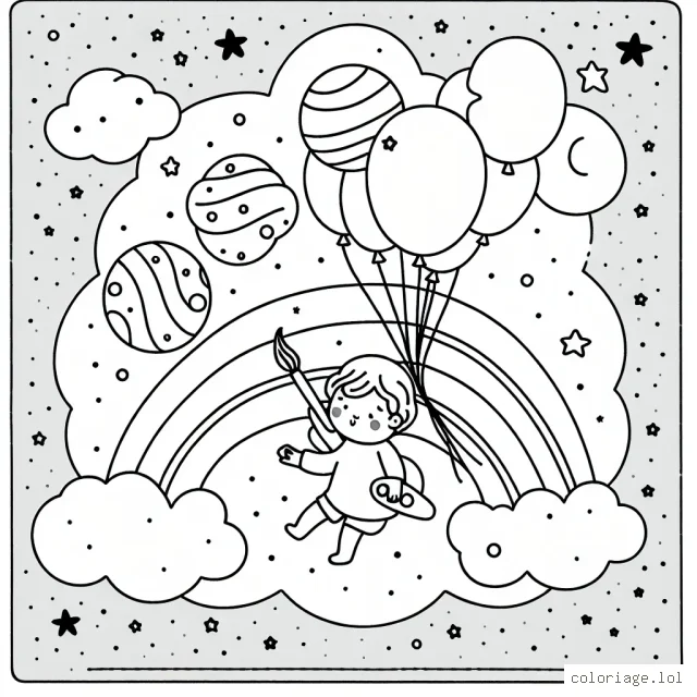 Un petit enfant qui flotte sur un nuage, tenant des ballons aux dispositions astronomiques dans l'une de ses mains et un pinceau de l'autre main, dessinant un arc-en-ciel dans le ciel étoilé.