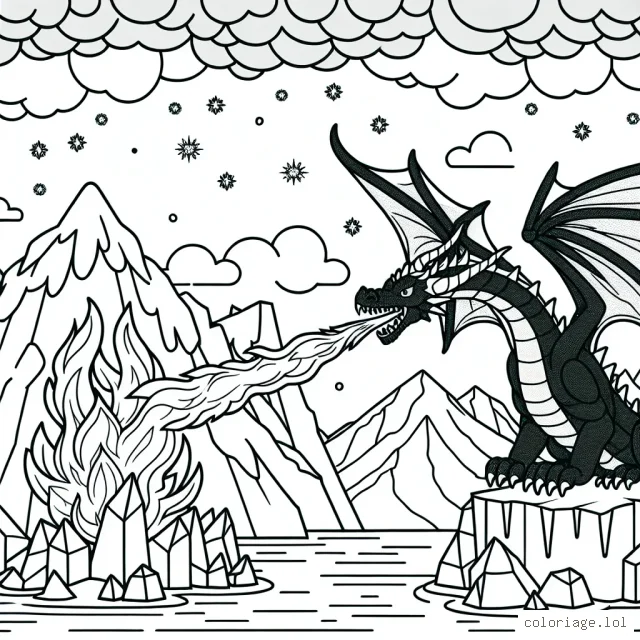 Imagine un dragon qui crache du feu sur une montagne de glace
