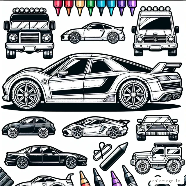 Un défilé de voitures incroyables avec une variété de design, de tailles et de formes. Les enfants peuvent se divertir en coloriant les voitures de sport modernes, les camionnettes classiques, les limousines de luxe et les véhicules tout-terrain robustes.