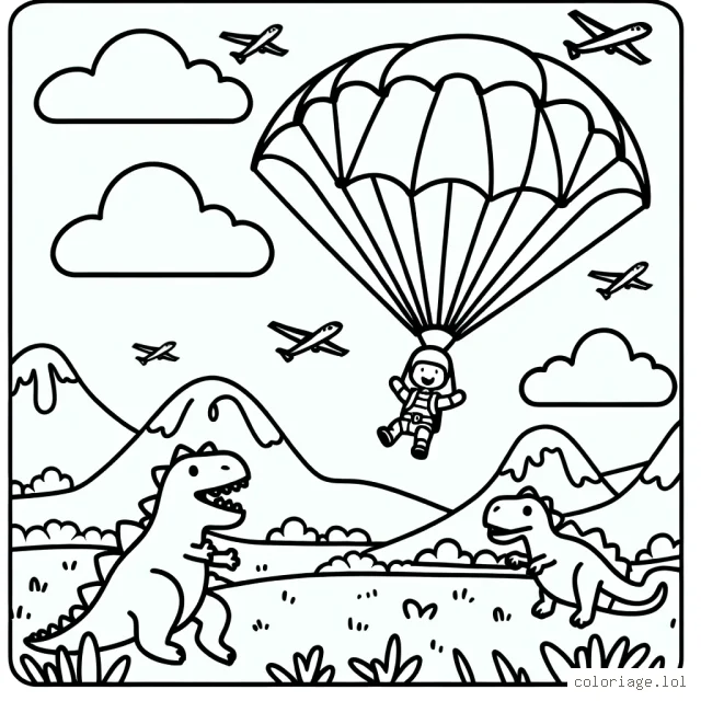 Scène d'un saut en parachute avec des dinosaures dans le ciel