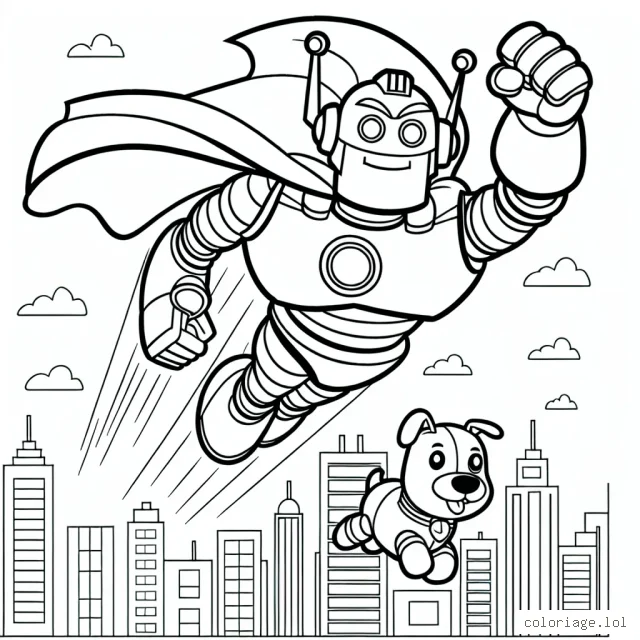 Le super-héros Astroboy volant au-dessus de la ville avec son chien robot