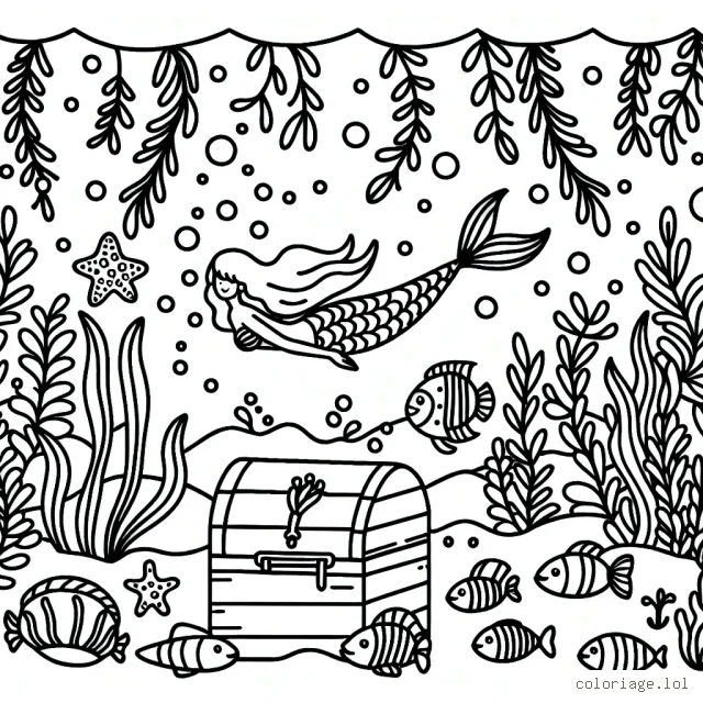 Imaginer un paysage sous-marin avec des poissons multicolores, des algues, un trésor caché et une sirène.