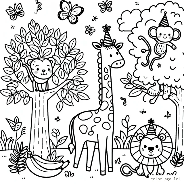 Mets en couleur une scène de fête de la jungle avec une girafe portant un chapeau de fête, des singes dégustant des bananes et un lion jouant à cache-cache derrière les feuilles d'arbre. Il y a aussi beaucoup de jolis papillons colorés volant dans le ciel.