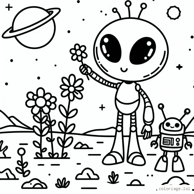 Un gentil extraterrestre sur une planète lointaine admirant des fleurs étranges avec son animal de compagnie robotique.